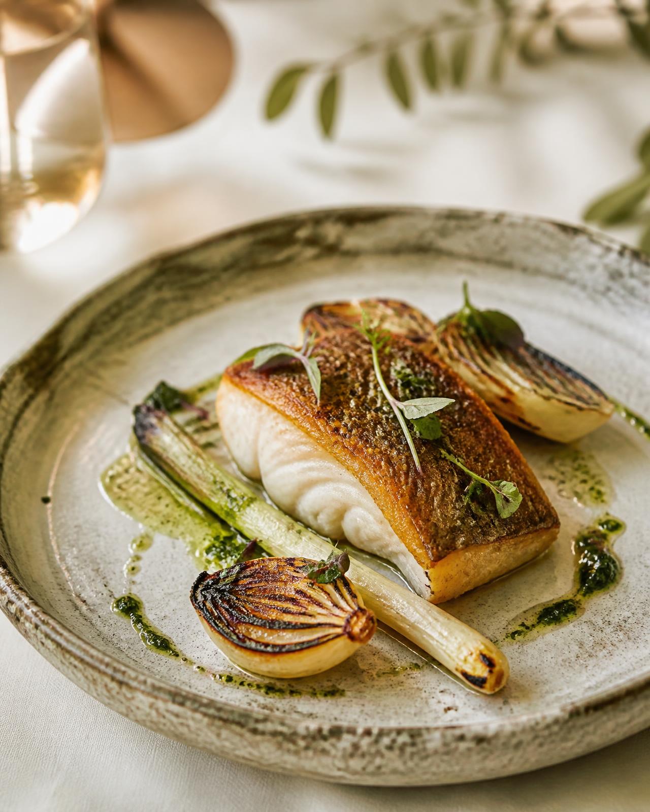 A plated fish course with charred vegetables and herb oil