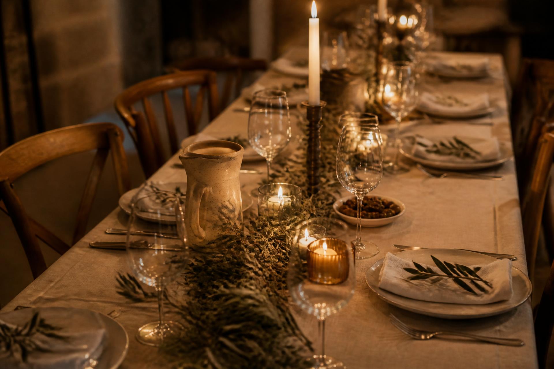An intimate dinner table set with linen, ceramics and candlelight