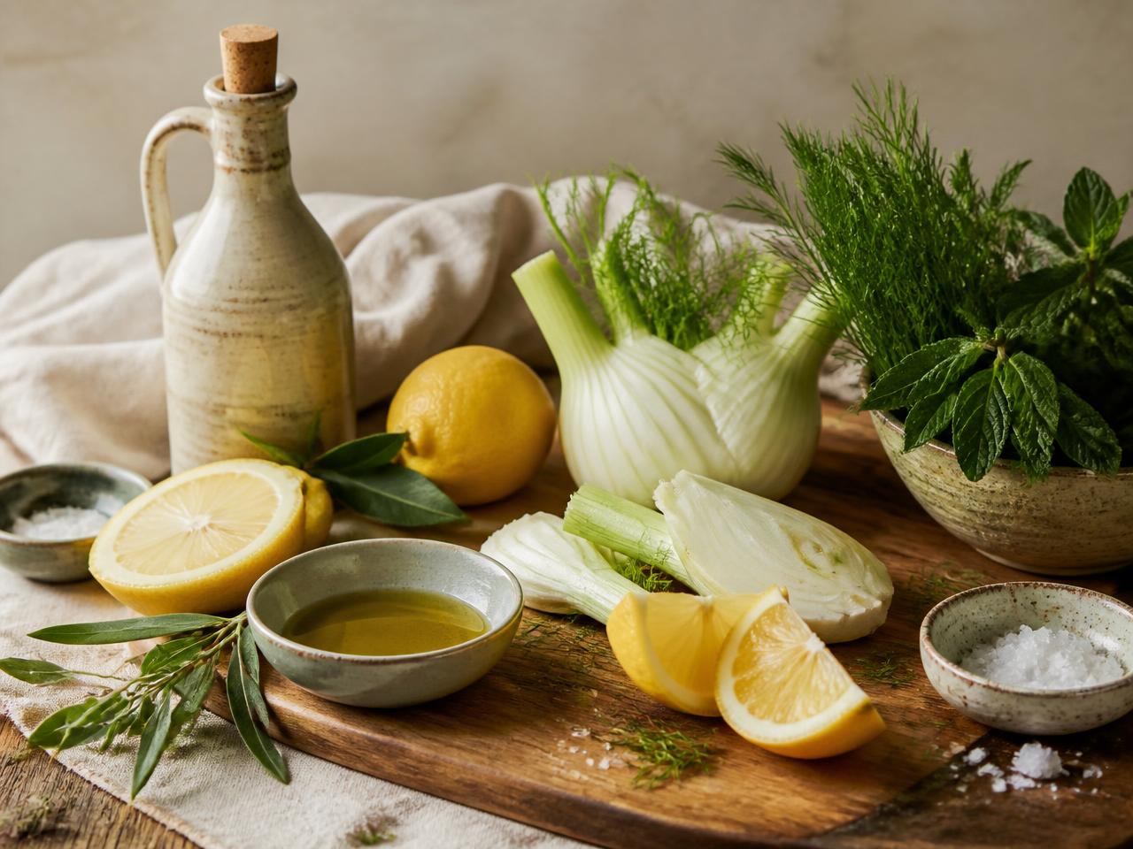 Fresh citrus, fennel and herbs on a wooden board